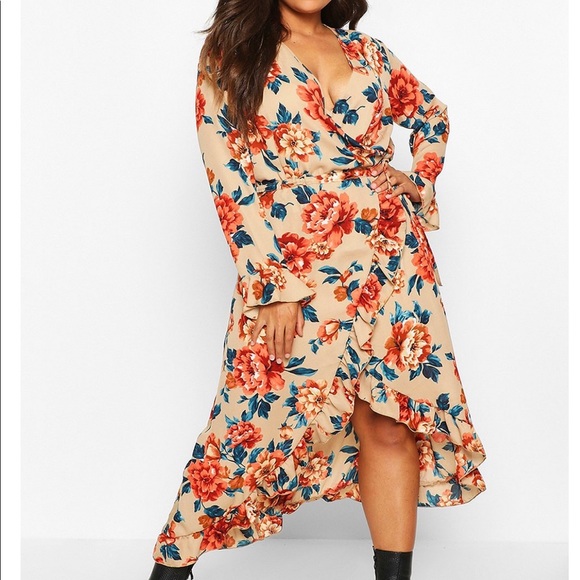 Boohoo Dresses & Skirts - BOOHOO Plus Floral Ruffle Wrap MIDI Dress Size 14
